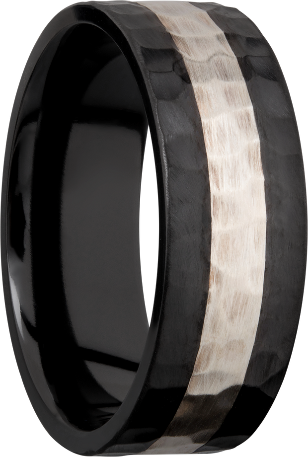 Zirconium 8mm flat band with an inlay of sterling silver