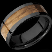 8 mm wide/Flat/Zirconium band with one 5 mm Centered inlay of Whiskey Barrel.