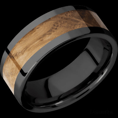 8 mm wide/Flat/Zirconium band with one 5 mm Centered inlay of Whiskey Barrel.