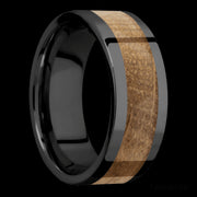 8 mm wide/Flat/Zirconium band with one 5 mm Centered inlay of Whiskey Barrel.