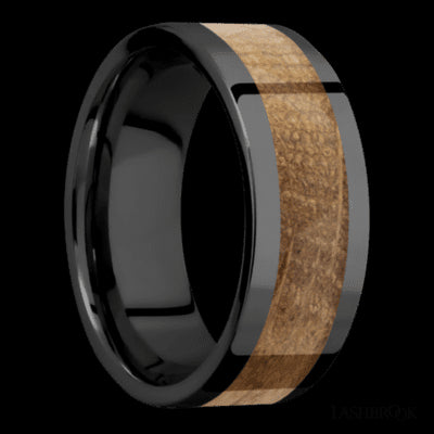 8 mm wide/Flat/Zirconium band with one 5 mm Centered inlay of Whiskey Barrel.