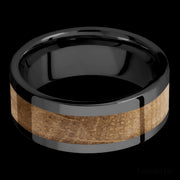 8 mm wide/Flat/Zirconium band with one 5 mm Centered inlay of Whiskey Barrel.