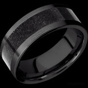 8 mm wide/Flat/Zirconium band with one 5 mm Centered inlay of Dinosaur Bone Black.