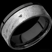 8 mm wide/Flat/Zirconium band with one 6 mm Off Center Edge inlay of Meteorite.