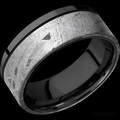 8 mm wide/Flat/Zirconium band with one 6 mm Off Center Edge inlay of Meteorite.