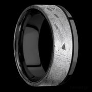 8 mm wide/Flat/Zirconium band with one 6 mm Off Center Edge inlay of Meteorite.