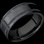 8 mm wide/Flat/Zirconium band with two 1 mm Wide inlays of Sodalite.