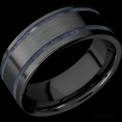 8 mm wide/Flat/Zirconium band with two 1 mm Wide inlays of Sodalite.