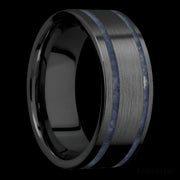 8 mm wide/Flat/Zirconium band with two 1 mm Wide inlays of Sodalite.