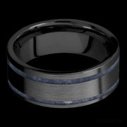 8 mm wide/Flat/Zirconium band with two 1 mm Wide inlays of Sodalite.