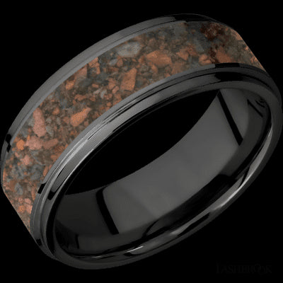 8 mm wide/Flat Grooved Edges/Zirconium band with one 5 mm Centered inlay of Desert Jasper.
