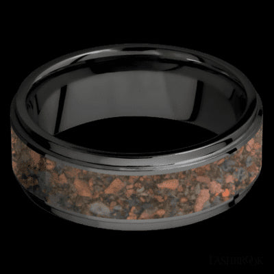 8 mm wide/Flat Grooved Edges/Zirconium band with one 5 mm Centered inlay of Desert Jasper.