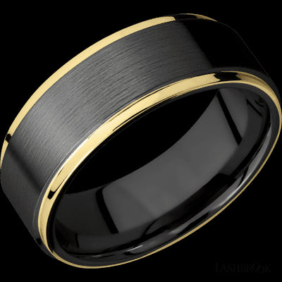 8 mm wide/Flat Grooved Edges/Zirconium band with two 1 mm Edge inlays of 14K Yellow Gold.