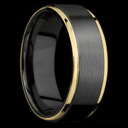 8 mm wide/Flat Grooved Edges/Zirconium band with two 1 mm Edge inlays of 14K Yellow Gold.