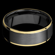 8 mm wide/Flat Grooved Edges/Zirconium band with two 1 mm Edge inlays of 14K Yellow Gold.