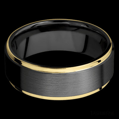 8 mm wide/Flat Grooved Edges/Zirconium band with two 1 mm Edge inlays of 14K Yellow Gold.