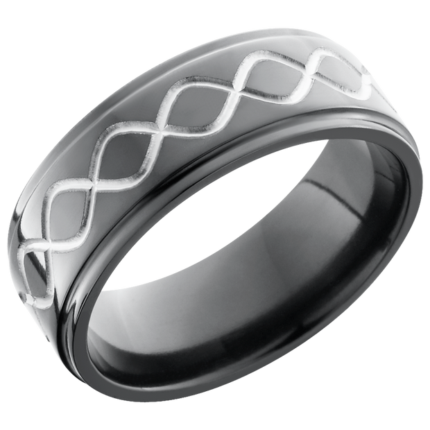 Zirconium 8mm flat band with a laser-carved tall infinity pattern