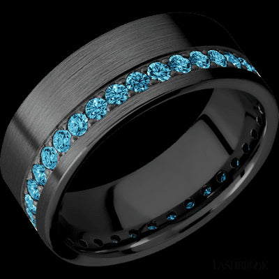 8 mm wide/Flat/Zirconium band with a Off Center Eternity arrangement of .03 carat Round Lab Blue Diamond stones in a Bead setting.