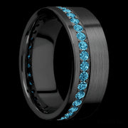 8 mm wide/Flat/Zirconium band with a Off Center Eternity arrangement of .03 carat Round Lab Blue Diamond stones in a Bead setting.