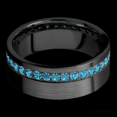 8 mm wide/Flat/Zirconium band with a Off Center Eternity arrangement of .03 carat Round Lab Blue Diamond stones in a Bead setting.