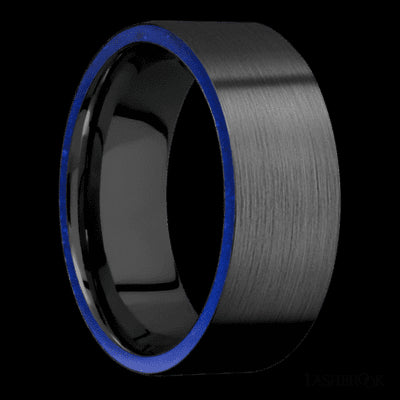 8 mm wide/Flat/Zirconium band with two 1 mm Side inlays of Lapis.