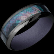8 mm wide/High Bevel/Zirconium band with one 4 mm Centered inlay of Black Mother of Pearl also featuring a Crushed Orchid sleeve.