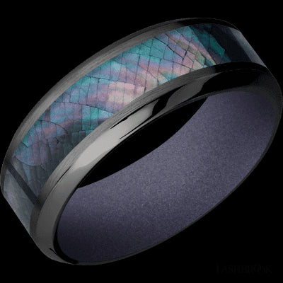 8 mm wide/High Bevel/Zirconium band with one 4 mm Centered inlay of Black Mother of Pearl also featuring a Crushed Orchid sleeve.