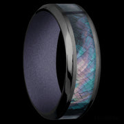 8 mm wide/High Bevel/Zirconium band with one 4 mm Centered inlay of Black Mother of Pearl also featuring a Crushed Orchid sleeve.