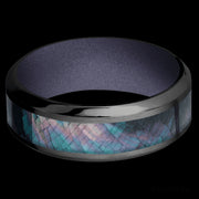 8 mm wide/High Bevel/Zirconium band with one 4 mm Centered inlay of Black Mother of Pearl also featuring a Crushed Orchid sleeve.
