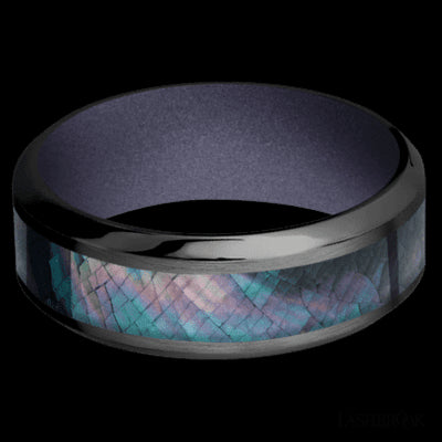 8 mm wide/High Bevel/Zirconium band with one 4 mm Centered inlay of Black Mother of Pearl also featuring a Crushed Orchid sleeve.