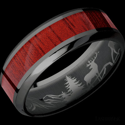 8 mm wide/High Bevel/Zirconium band with one 4 mm Centered inlay of Blood Wood.