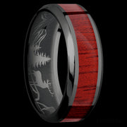 8 mm wide/High Bevel/Zirconium band with one 4 mm Centered inlay of Blood Wood.