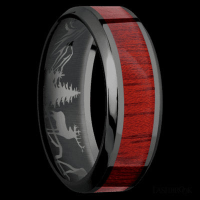8 mm wide/High Bevel/Zirconium band with one 4 mm Centered inlay of Blood Wood.