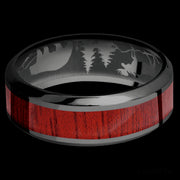 8 mm wide/High Bevel/Zirconium band with one 4 mm Centered inlay of Blood Wood.