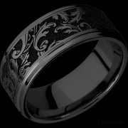 9 mm wide/Flat Grooved Edges/Zirconium band with a laser carved Black Leaf pattern.