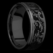 9 mm wide/Flat Grooved Edges/Zirconium band with a laser carved Black Leaf pattern.