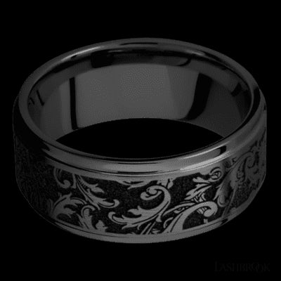 9 mm wide/Flat Grooved Edges/Zirconium band with a laser carved Black Leaf pattern.