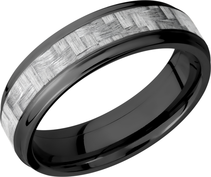 Zirconium 6mm flat band with grooved edges and a 3mm inlay of silver Carbon Fiber
