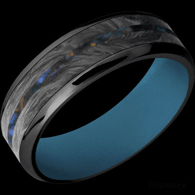 7 mm wide/Beveled/Zirconium band featuring inlays of Forged Carbon Fiber and Blue Tiger Eye also featuring a Royal Blue sleeve.