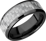 Zirconium 8mm beveled band with a 5mm inlay of silver Carbon Fiber