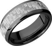 Zirconium 8mm domed band with a 5mm inlay of silver Carbon Fiber