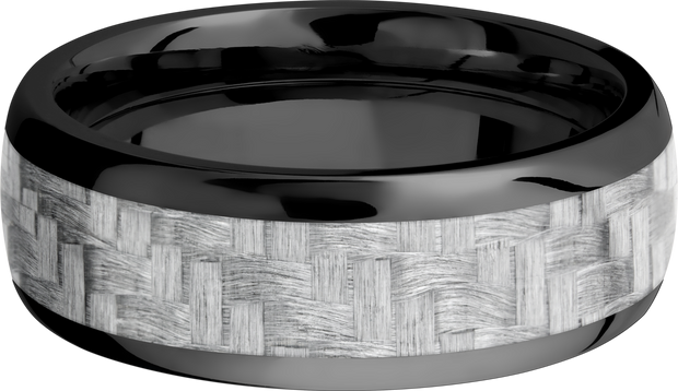 Zirconium 8mm domed band with a 5mm inlay of silver Carbon Fiber