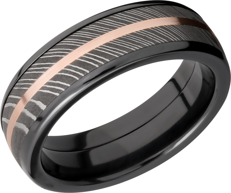 Zirconium domed 7mm band with a 5mm inlay of handmade Damascus steel and a 1mm inlay of 14K rose gold