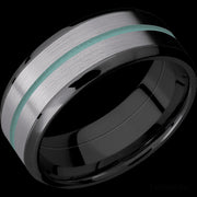 8 mm wide/Beveled/Zirconium band featuring inlays of Tantalum and Polar Blue.