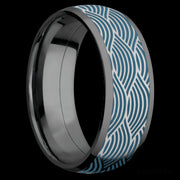 8 mm wide/Domed/Zirconium band with one 6 mm Centered inlay of Cobalt Chrome with a laser carved Navigator pattern.