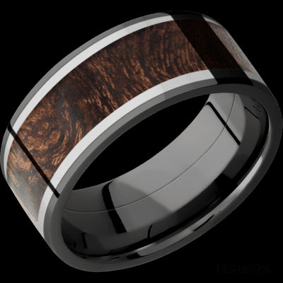 9 mm wide/Flat/Zirconium band featuring inlays of Titanium and Sapele.
