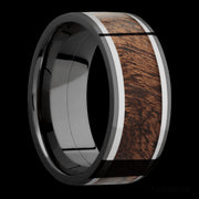 9 mm wide/Flat/Zirconium band featuring inlays of Titanium and Sapele.