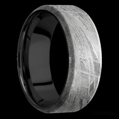 8 mm wide Beveled Meteorite band featuring a Zirconium sleeve.