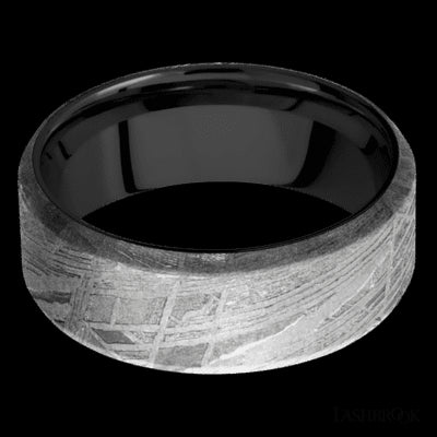 8 mm wide Beveled Meteorite band featuring a Zirconium sleeve.