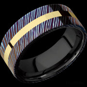 8 mm wide/Flat/Titanium Damascus band with one 2 mm Centered inlay of 14K Yellow Gold also featuring a Zirconium sleeve.